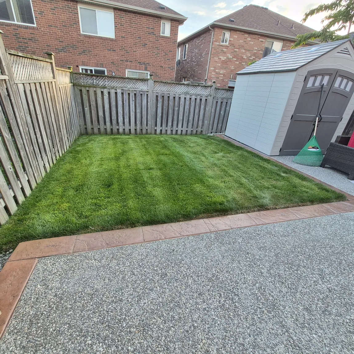 The same yard after we cut the overgrown grass back to a clean, even lawn with tidy edges.
